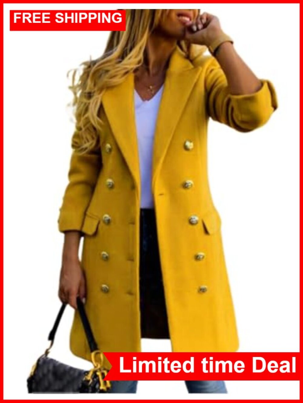 Double Breasted Wool Blend Pea Coat Slim Fit Notched Lapel Midi Winter
